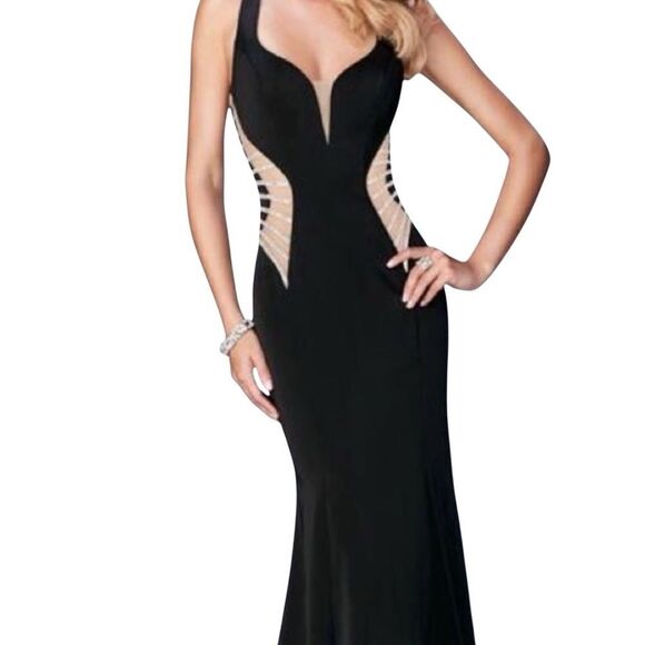 La Femme Sleeveless Mesh Cut Out Crystal Sides Full Length Black Mermaid Dress 8 - Picture 3 of 16